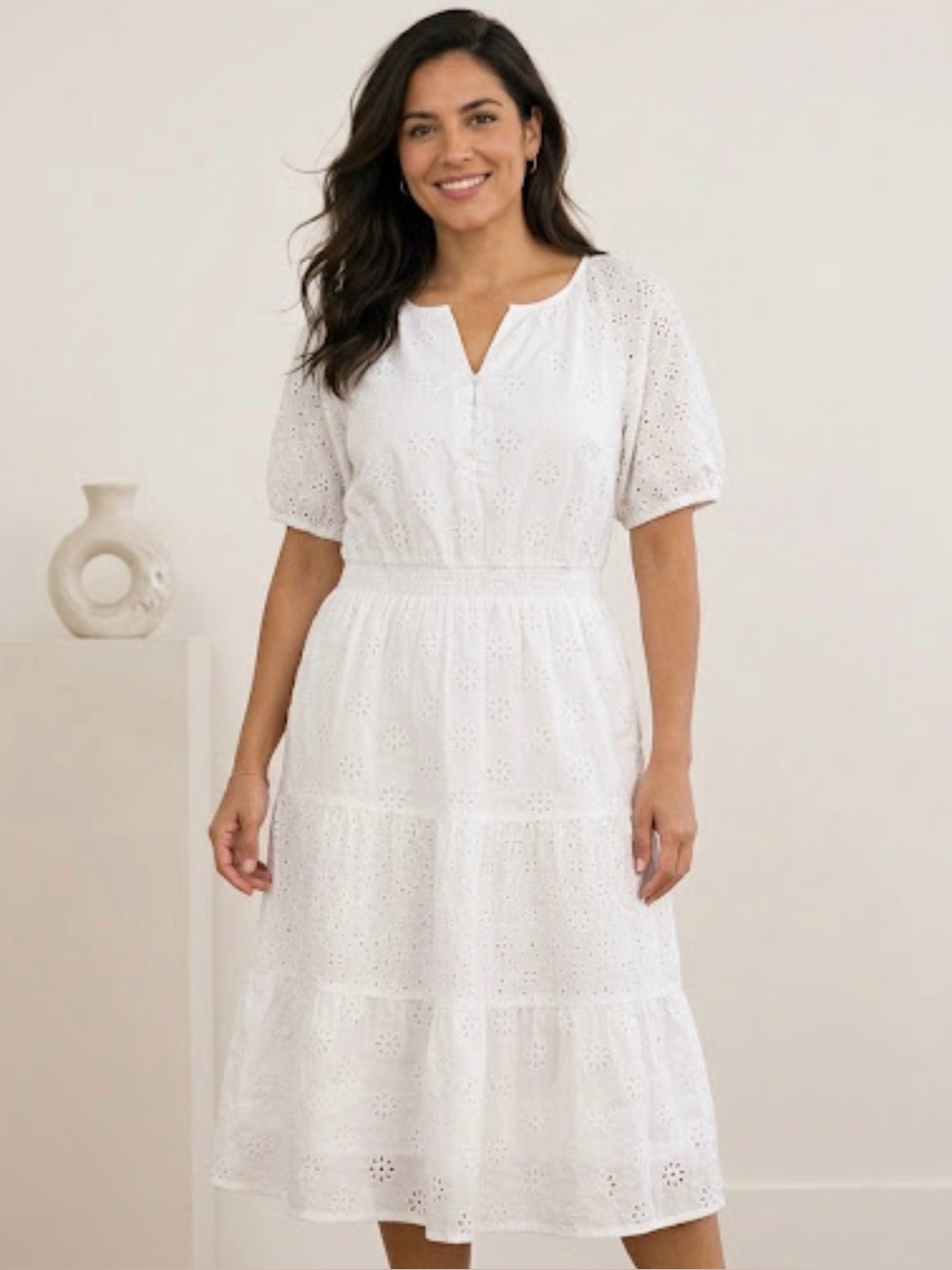 Isaac Mizrahi Live! Regular Cotton Eyelet Tiered Midi Dress, White, Sz L,A645058